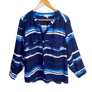 Notations Woman Plus Size 3X Blue‎ Striped V Neck Roll Tab Sleeve Blouse